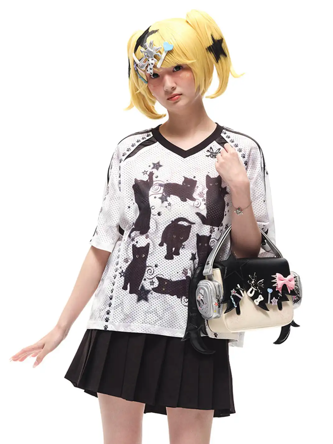 CFIERCE | Black Cat Print Raglan Sleeve T-shirt