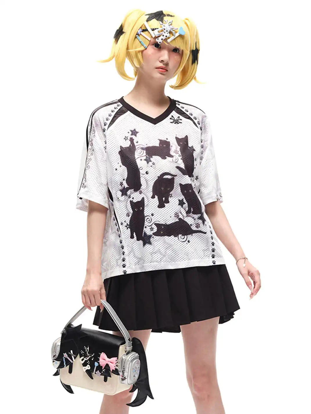 CFIERCE | Black Cat Print Raglan Sleeve T-shirt