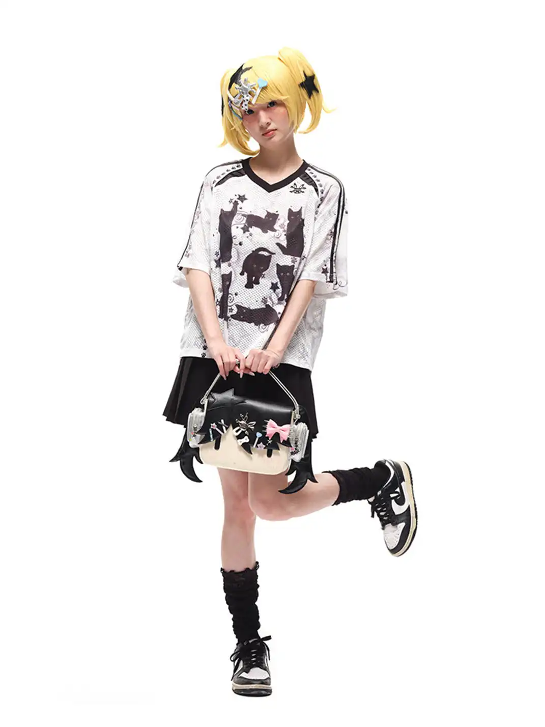 CFIERCE | Black Cat Print Raglan Sleeve T-shirt