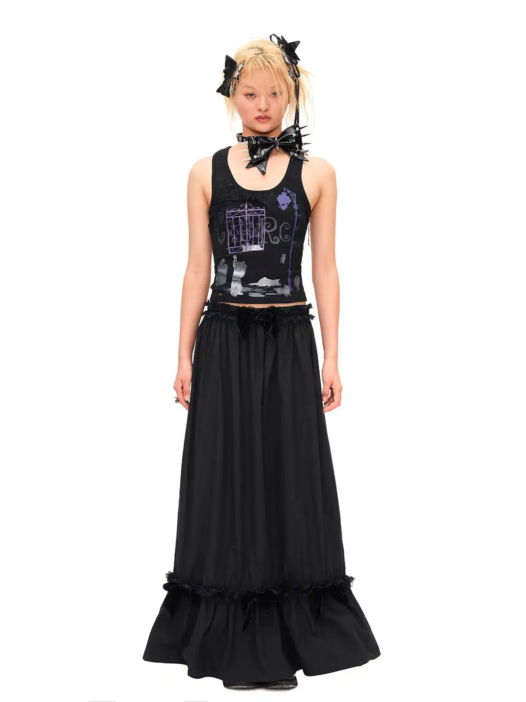 CFIERCE | Velvet Bow Ruffle Maxi Skirt