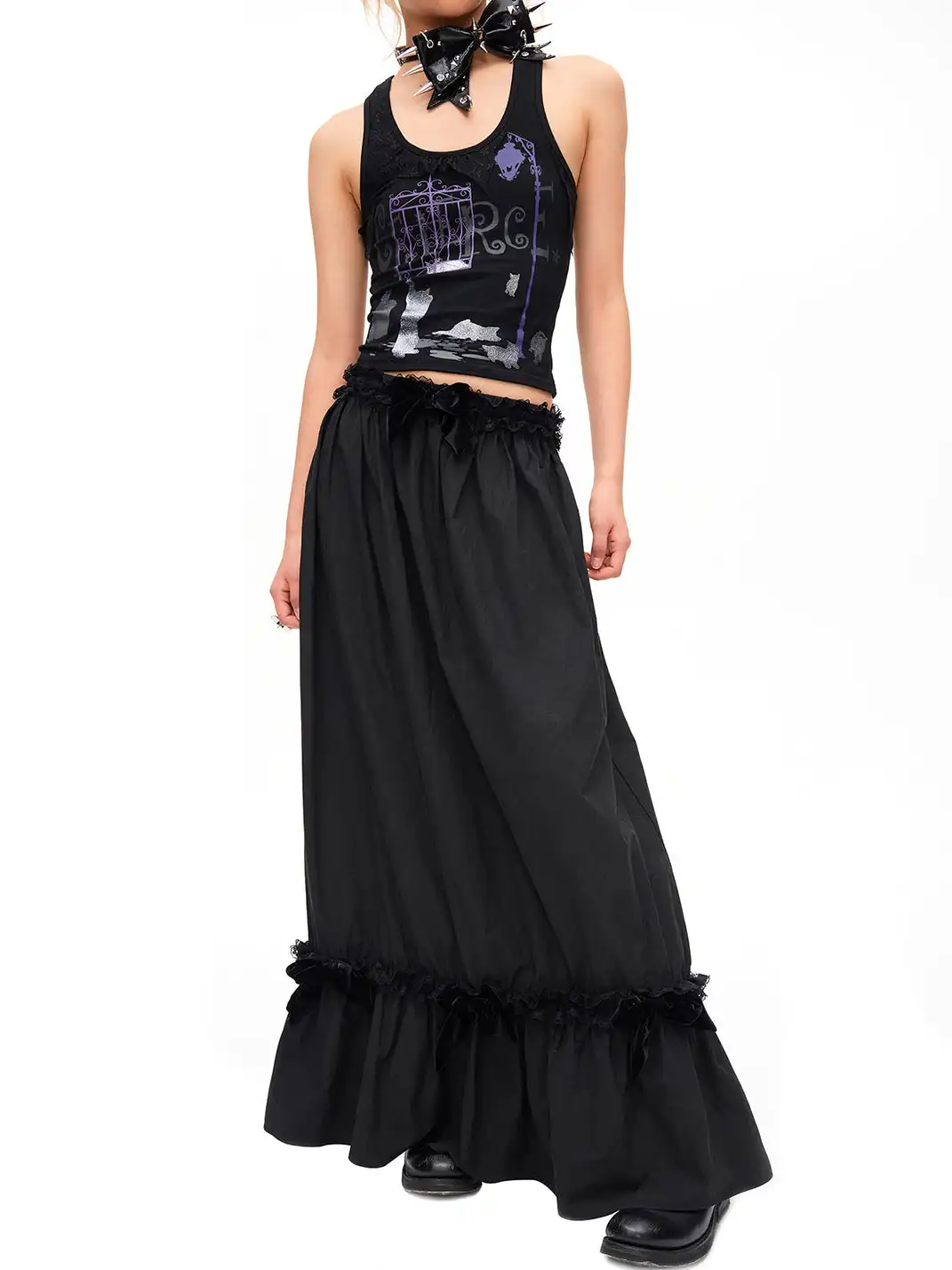 CFIERCE | Velvet Bow Ruffle Maxi Skirt