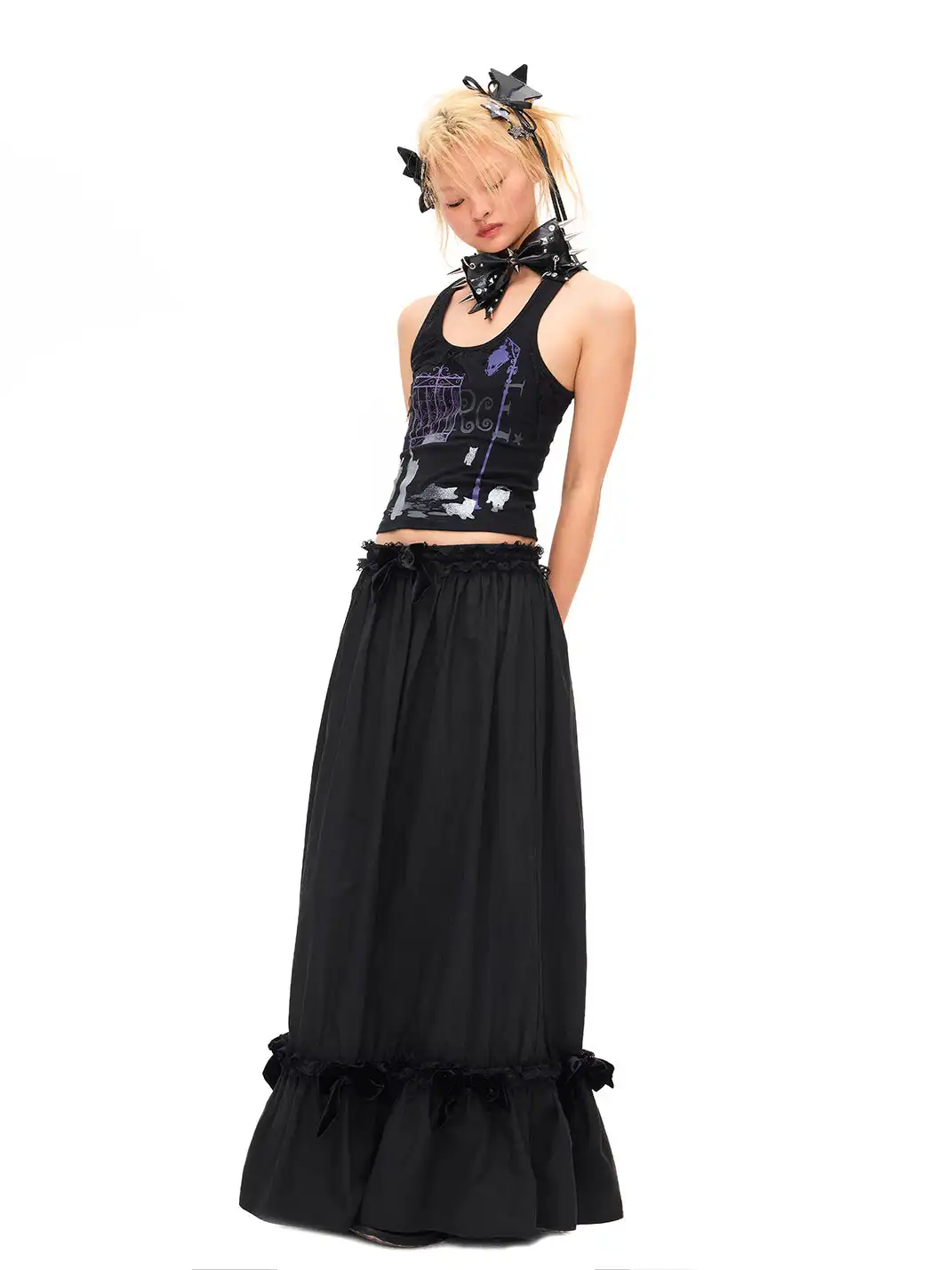 CFIERCE | Velvet Bow Ruffle Maxi Skirt