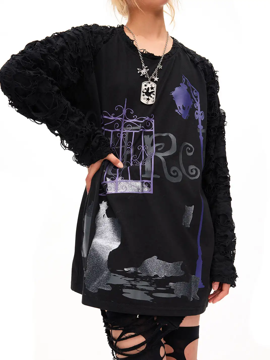 CFIERCE | Dark Night Sparkle Cat Print Long Sleeve T-shirt