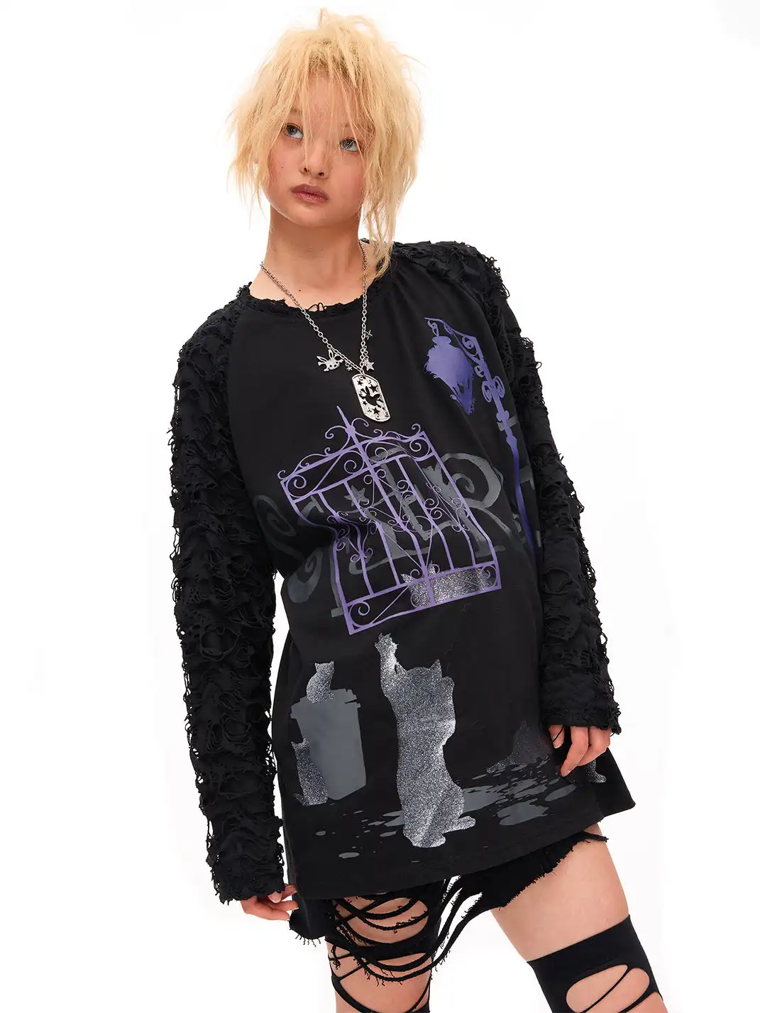 CFIERCE | Dark Night Sparkle Cat Print Long Sleeve T-shirt
