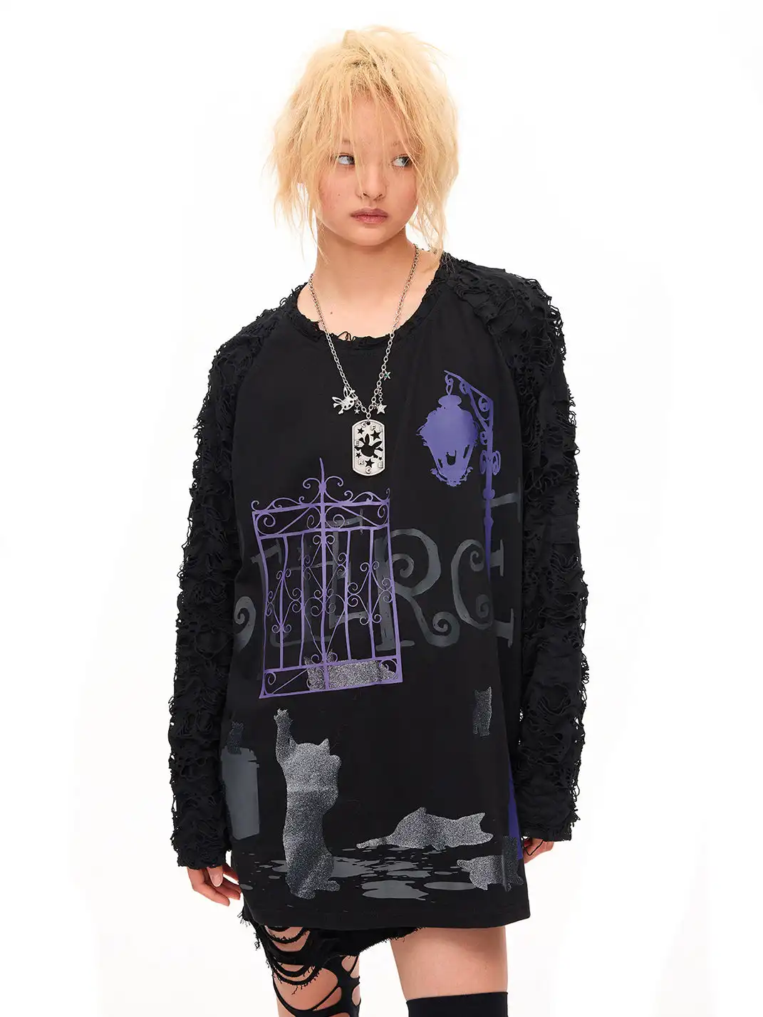 CFIERCE | Dark Night Sparkle Cat Print Long Sleeve T-shirt