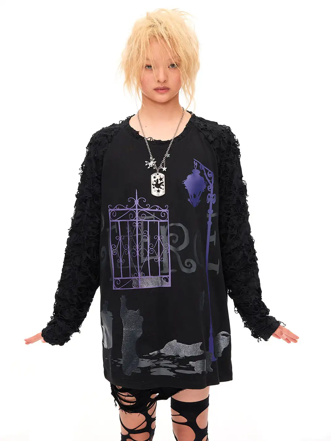 CFIERCE | Dark Night Sparkle Cat Print Long Sleeve T-shirt