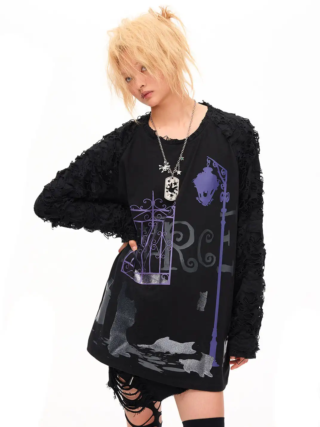 CFIERCE | Dark Night Sparkle Cat Print Long Sleeve T-shirt