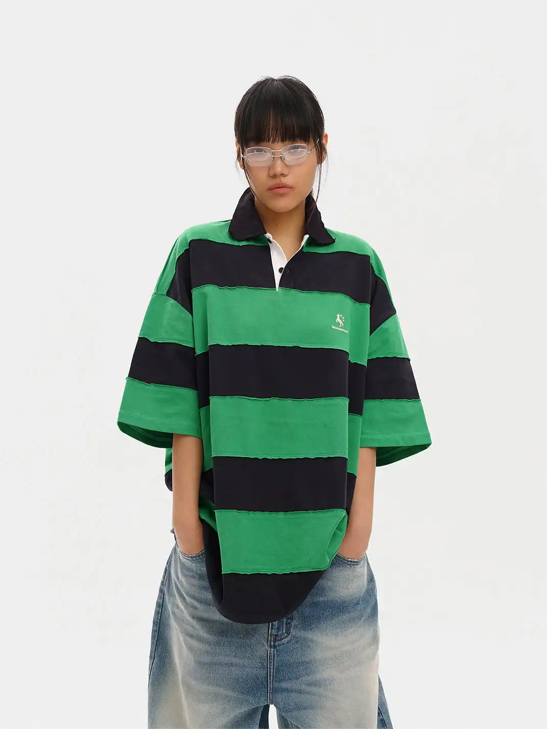 MASONPRINCE | Spliced Raw Edge Striped Color Block Polo Shirt