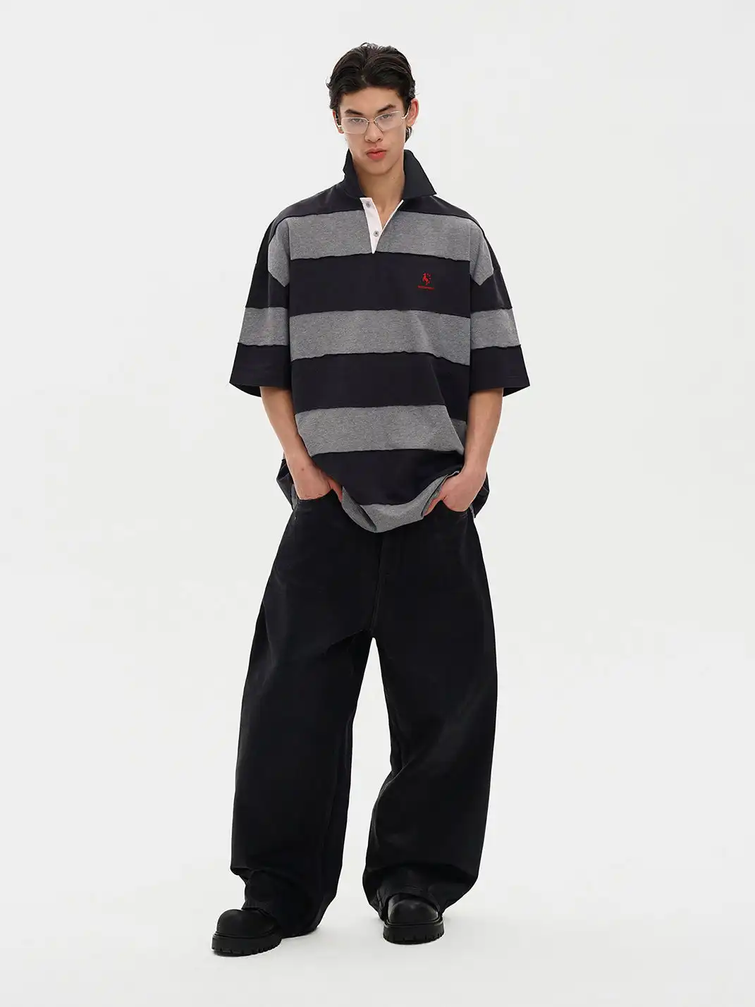MASONPRINCE | Spliced Raw Edge Striped Color Block Polo Shirt