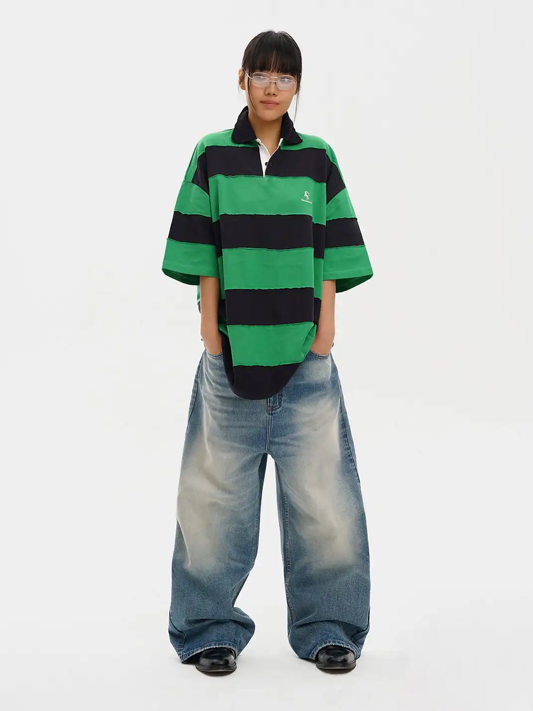 MASONPRINCE | Spliced Raw Edge Striped Color Block Polo Shirt