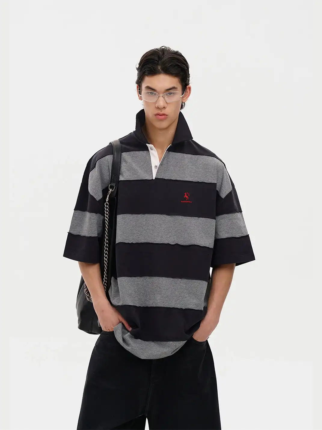 MASONPRINCE | Spliced Raw Edge Striped Color Block Polo Shirt