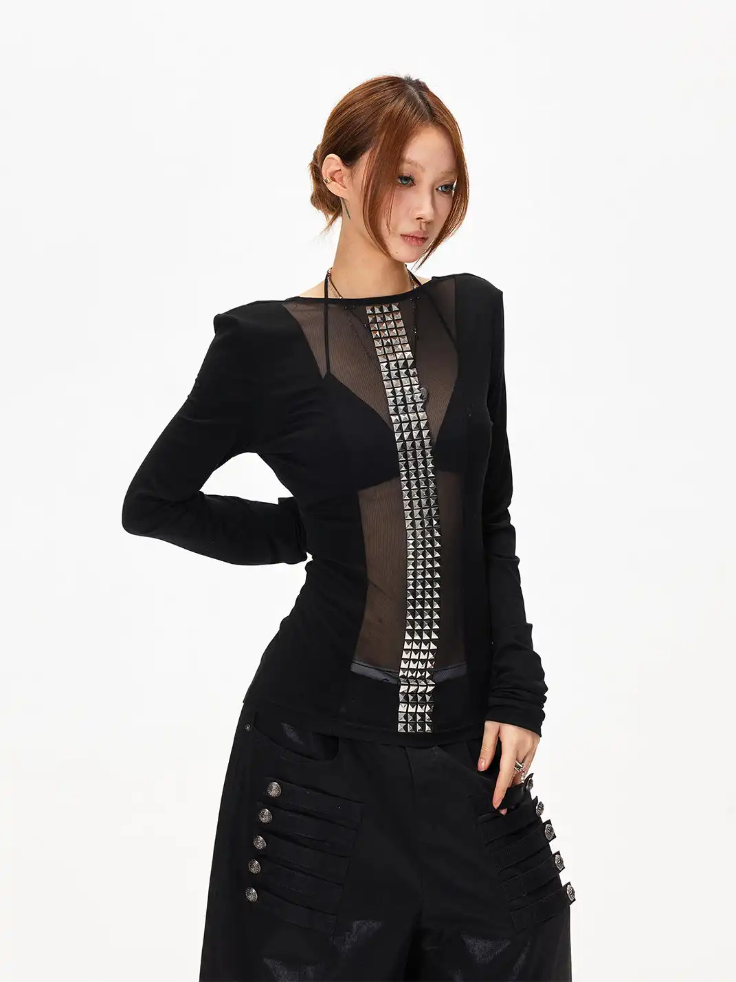 3MODE | Sheer Slim Fit Long Sleeve Top