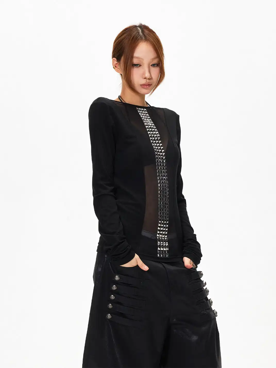 3MODE | Sheer Slim Fit Long Sleeve Top