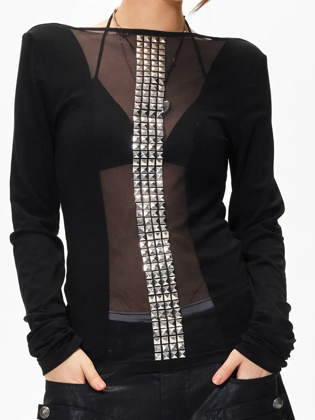 3MODE | Sheer Slim Fit Long Sleeve Top
