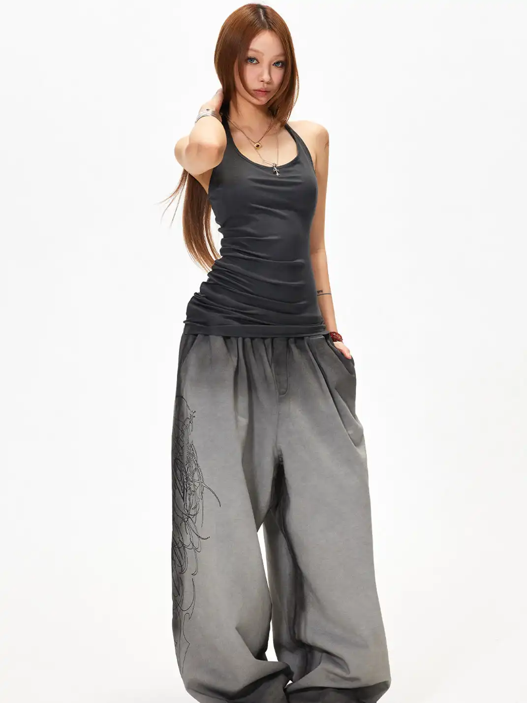 3MODE | Heavy Embroidery Loose Wide-Leg Pants