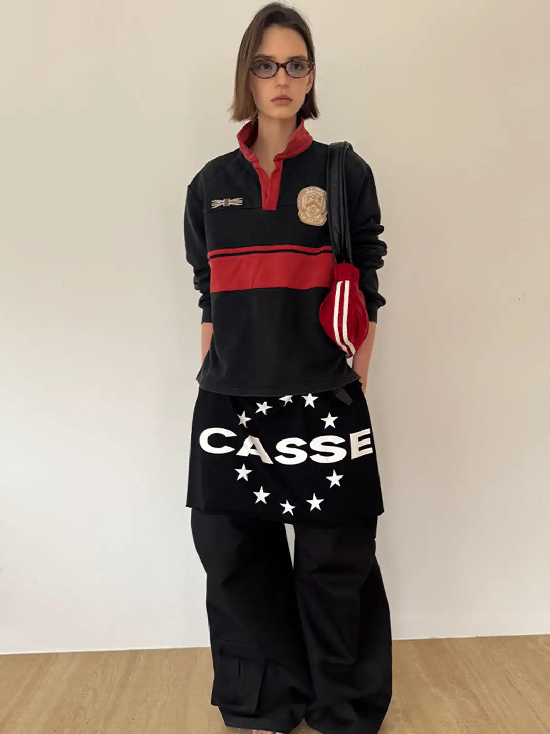 CasseSango | Diamond Quilted Color-Block Medal V-Neck Polo Shirt