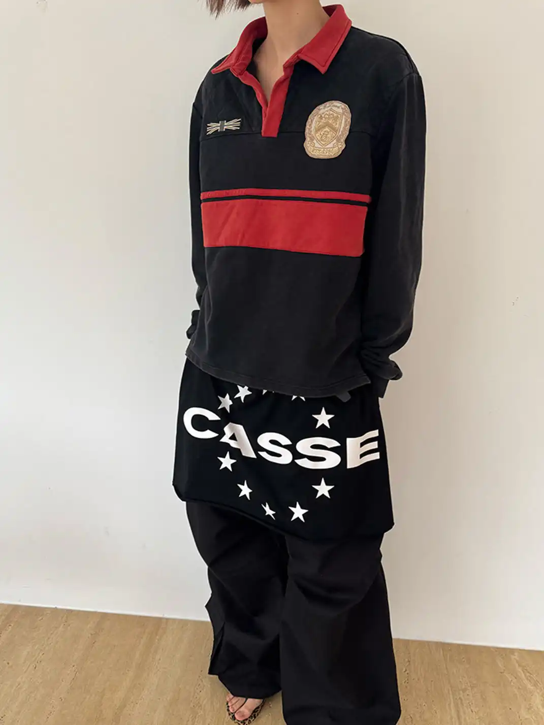 CasseSango | Diamond Quilted Color-Block Medal V-Neck Polo Shirt