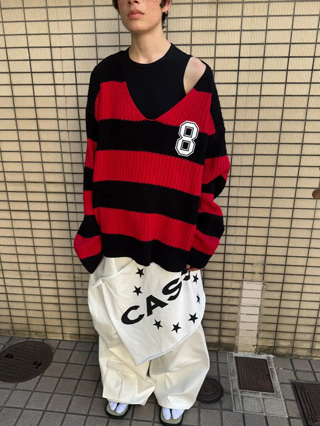 CasseSango | Hollow Cable Knit V-Neck Asymmetric Shoulder Striped Sweater