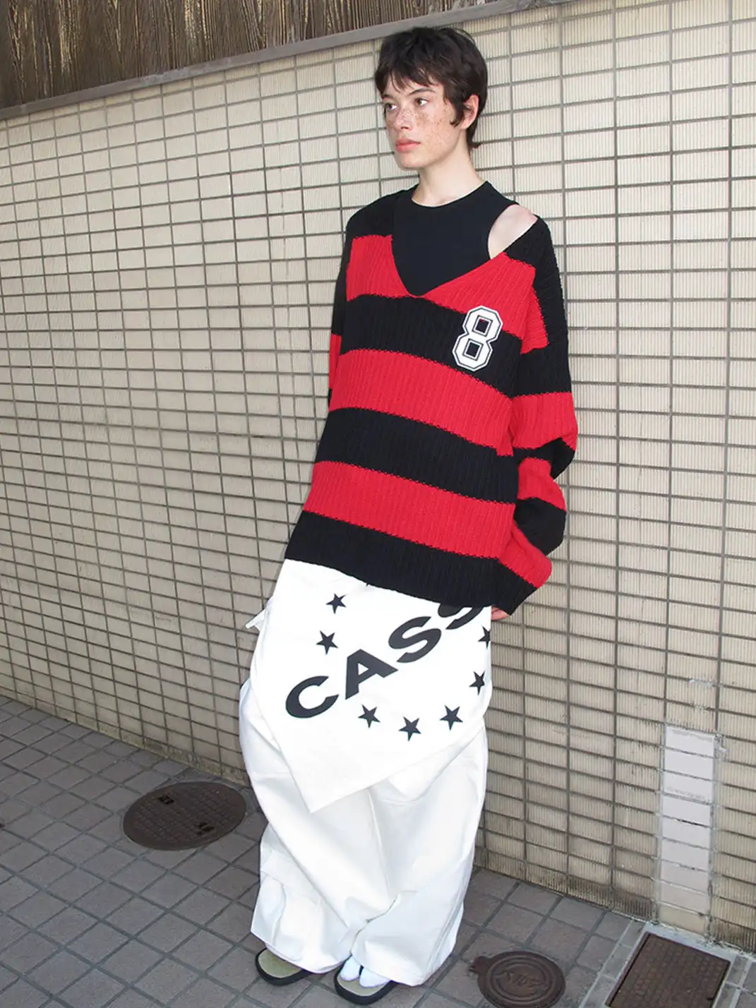 CasseSango | Hollow Cable Knit V-Neck Asymmetric Shoulder Striped Sweater