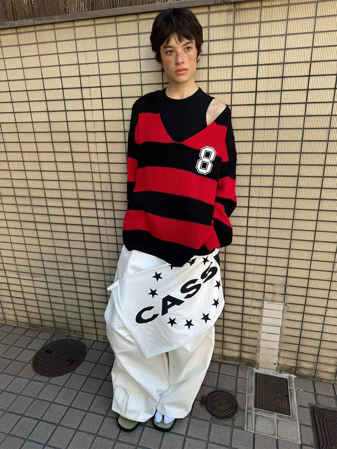 CasseSango | Hollow Cable Knit V-Neck Asymmetric Shoulder Striped Sweater