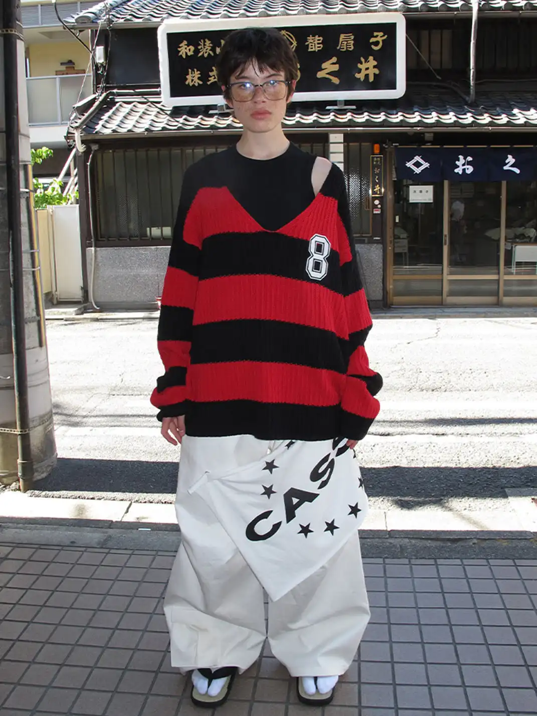 CasseSango | Hollow Cable Knit V-Neck Asymmetric Shoulder Striped Sweater