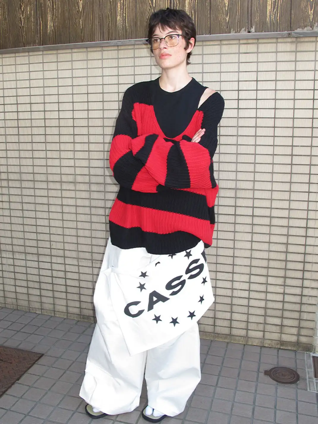 CasseSango | Hollow Cable Knit V-Neck Asymmetric Shoulder Striped Sweater