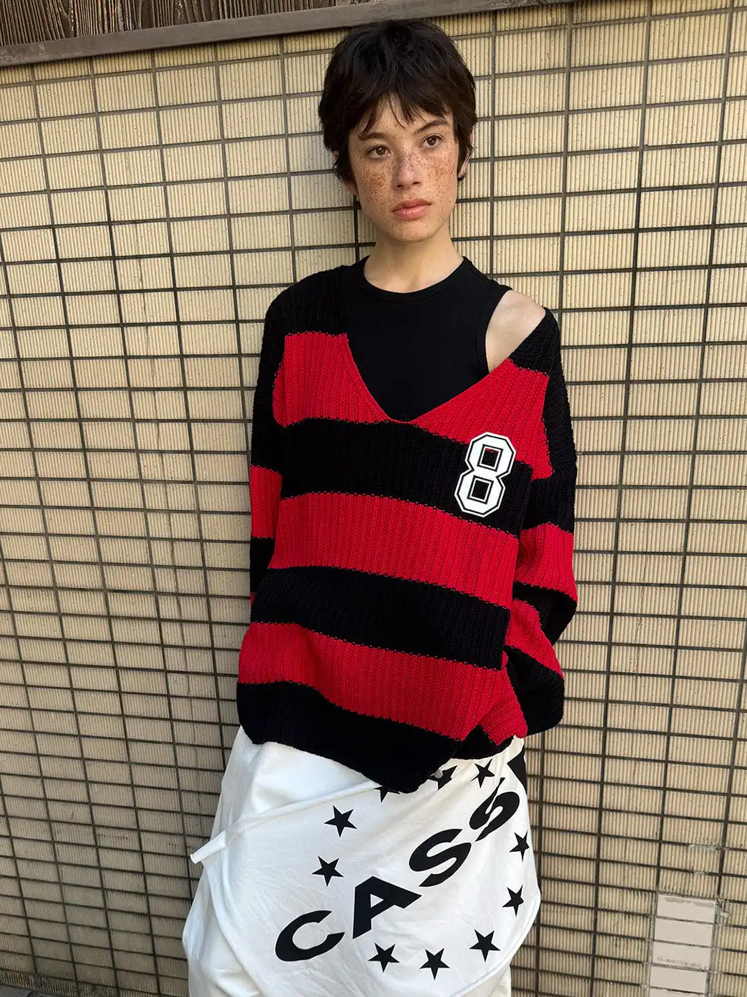 CasseSango | Hollow Cable Knit V-Neck Asymmetric Shoulder Striped Sweater