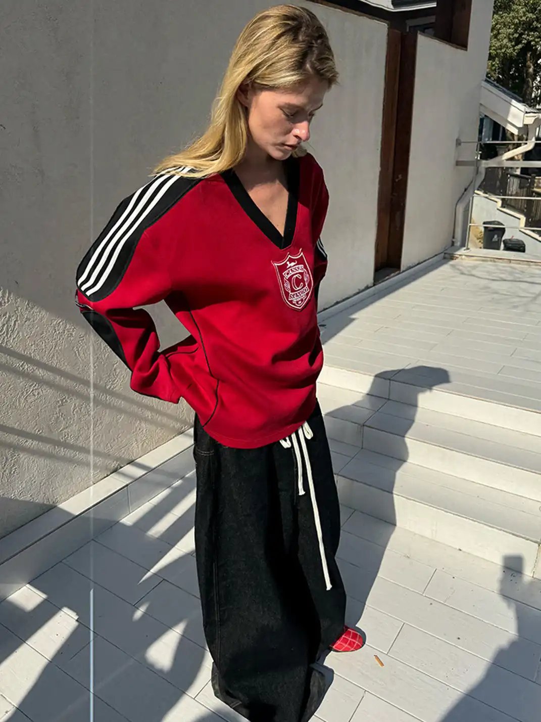 CasseSango | V-Neck Badge Striped Sports Sweatshirt