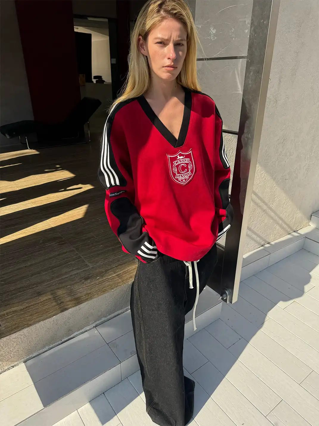 CasseSango | V-Neck Badge Striped Sports Sweatshirt