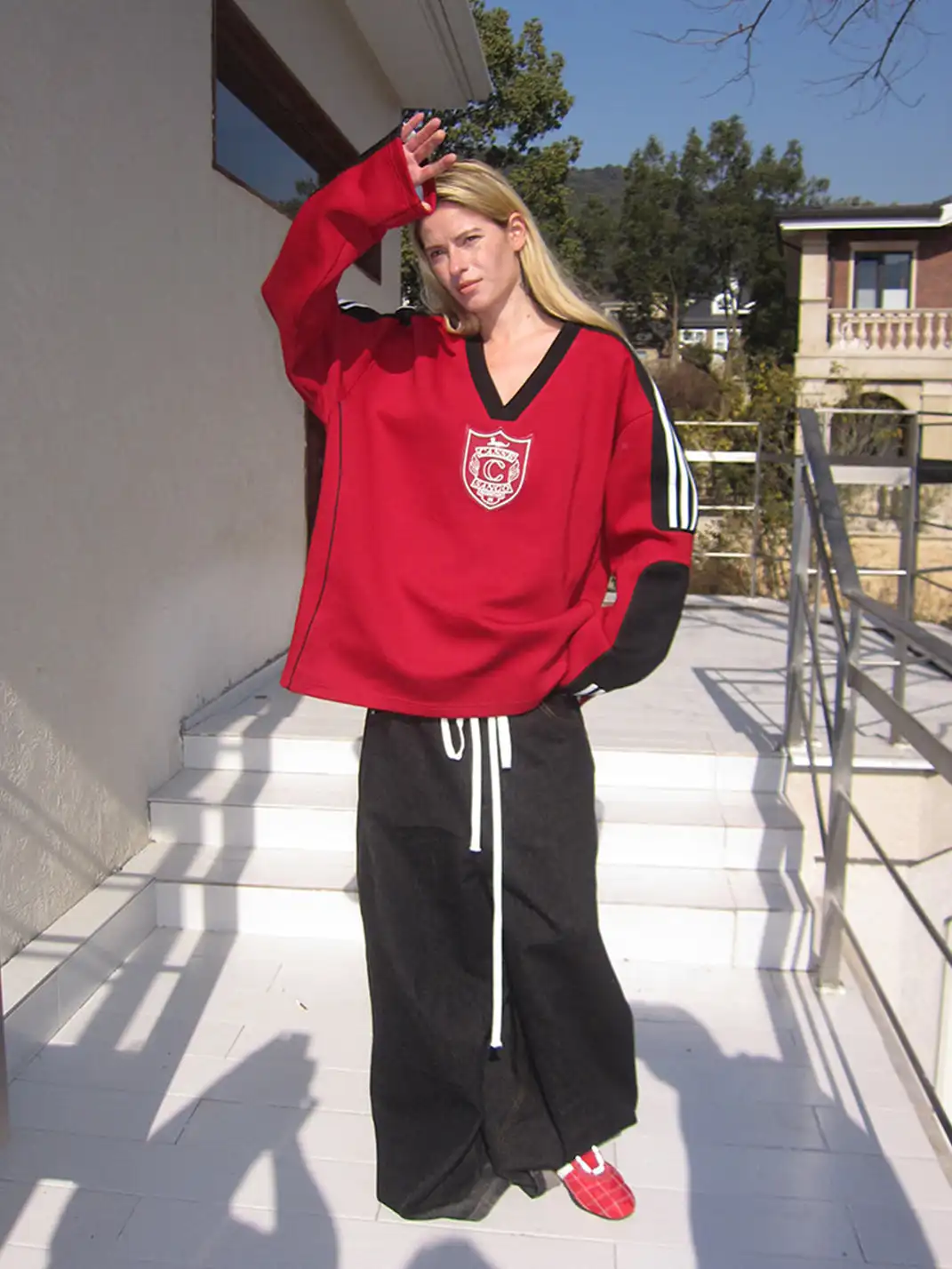 CasseSango | V-Neck Badge Striped Sports Sweatshirt