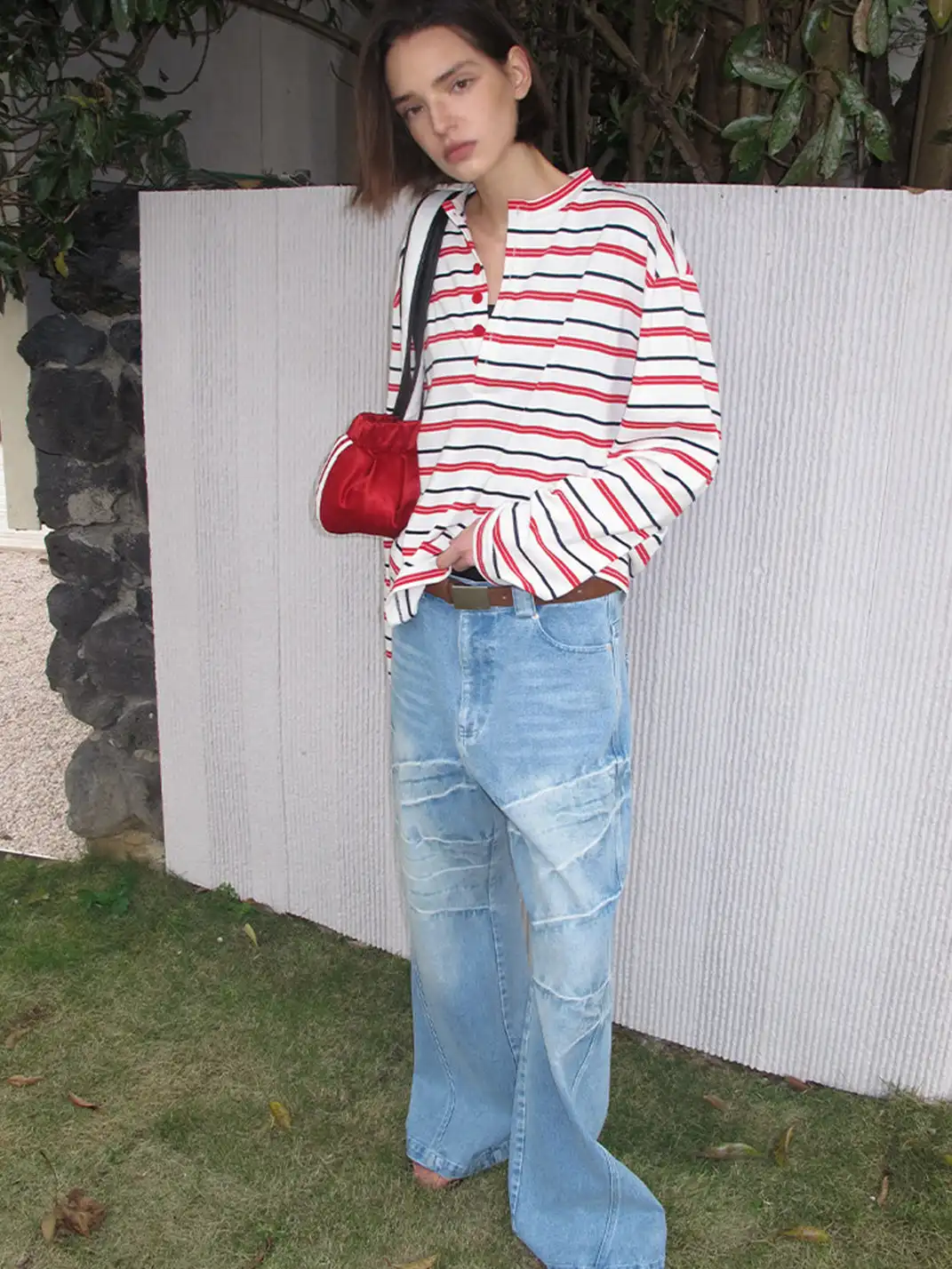 CasseSango | Color-Block Striped Henley T-Shirt