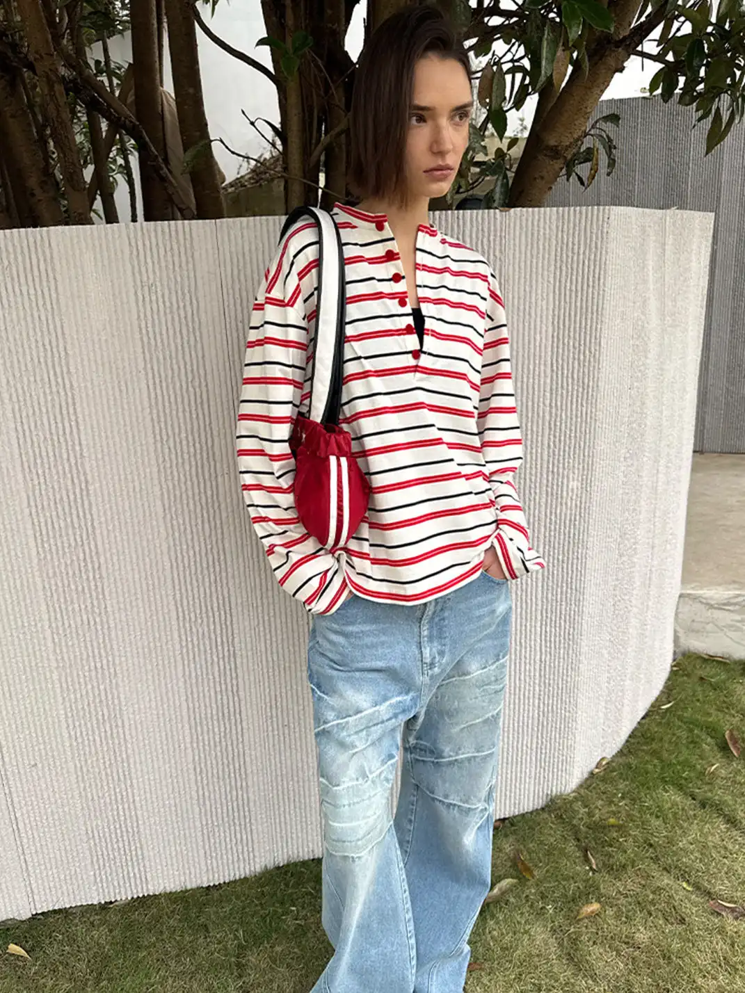 CasseSango | Color-Block Striped Henley T-Shirt