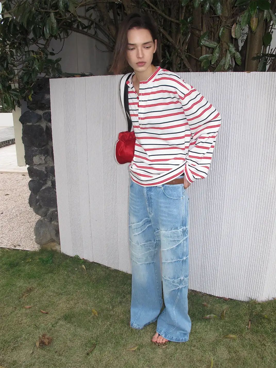 CasseSango | Color-Block Striped Henley T-Shirt
