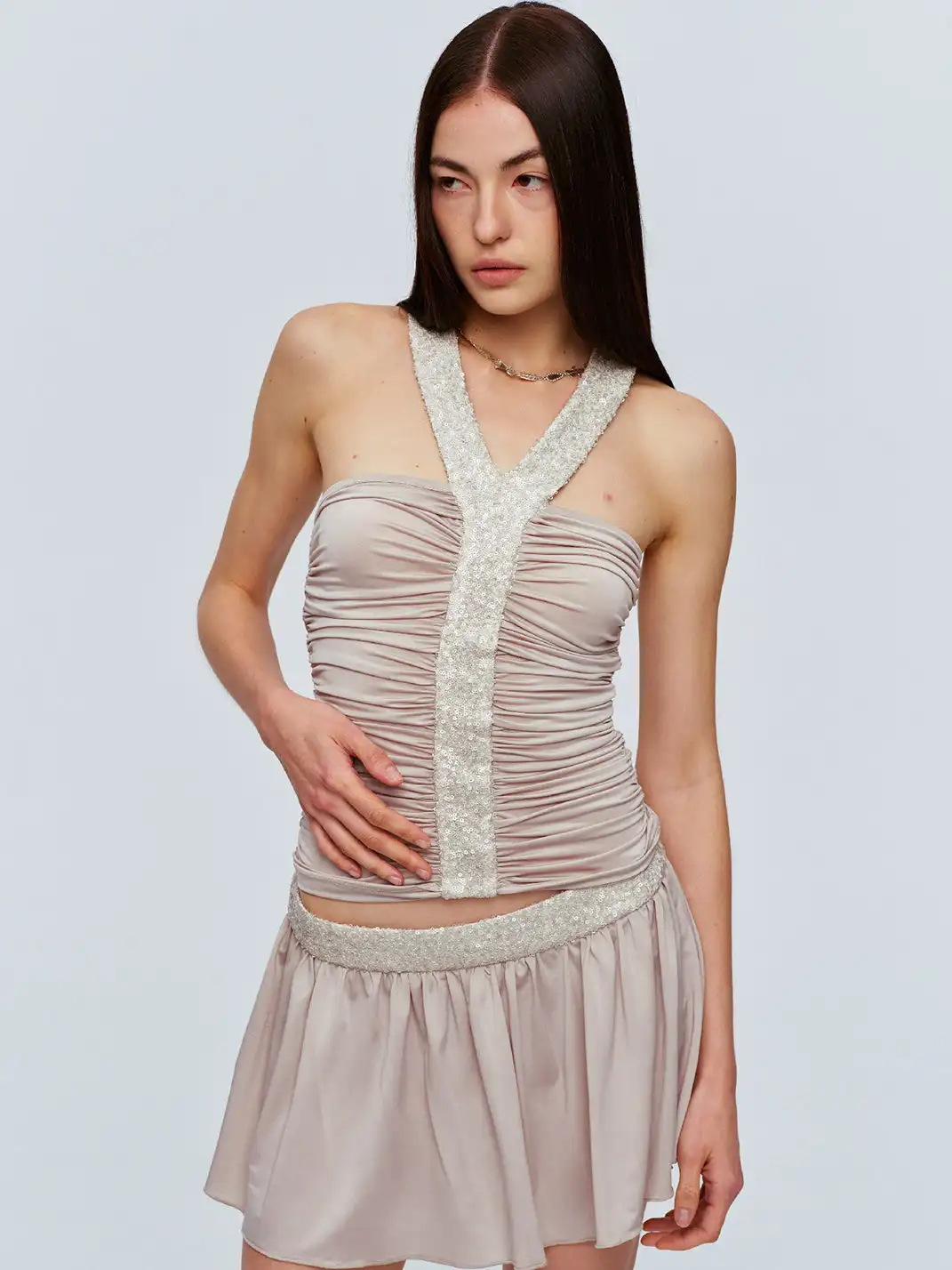 CSFC | Champagne Skin Tone Sequin Patchwork Mini Skirt