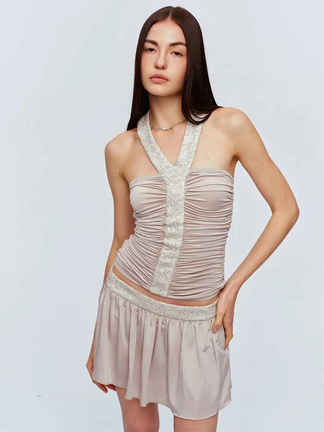 CSFC | Champagne Skin Tone Sequin Patchwork Mini Skirt