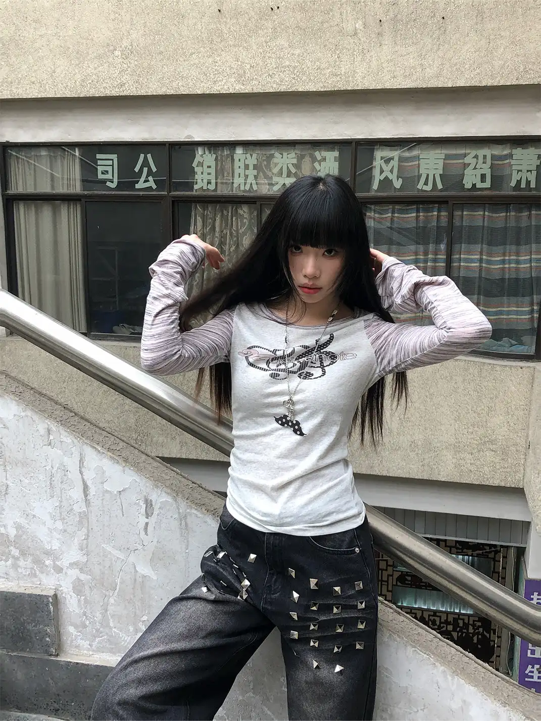 DETW | Musical Note Print Three-Color Stripe Spliced T-Shirt