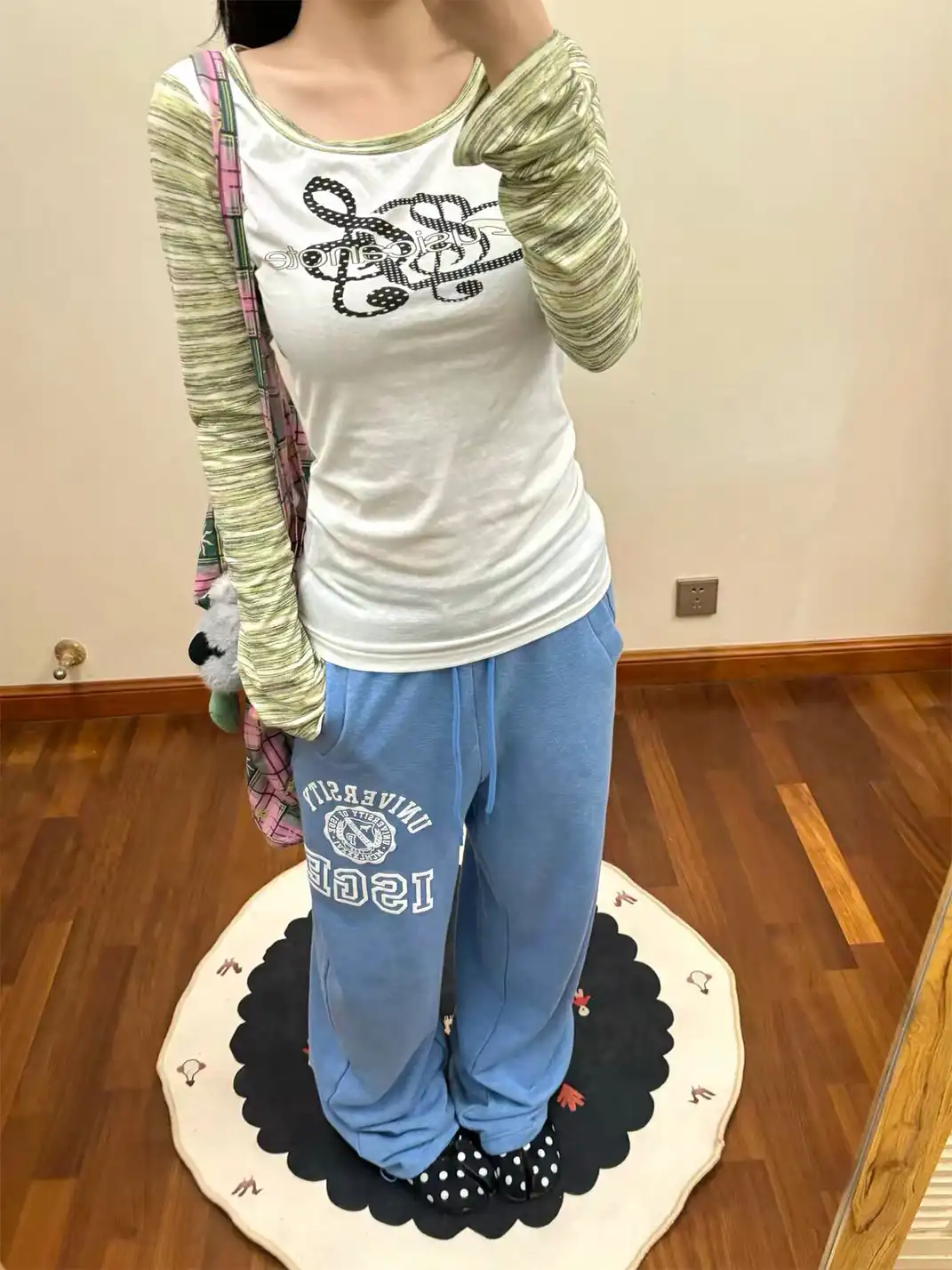 DETW | Musical Note Print Three-Color Stripe Spliced T-Shirt