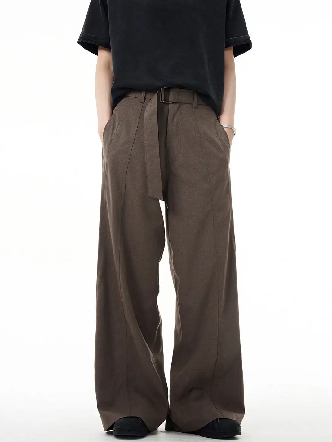 MADWITCH | Curved Seam Belted Wide-Leg Pants