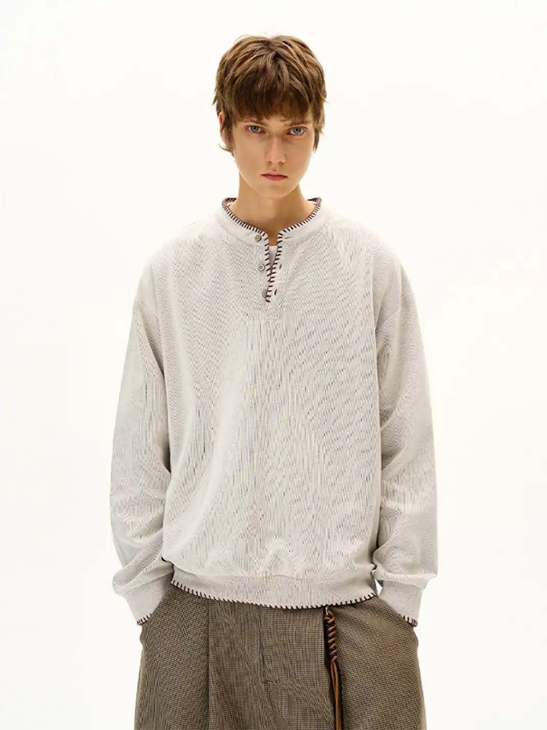 MADWITCH | Hand Stitched Henley Neck Knitted Sweatshirt