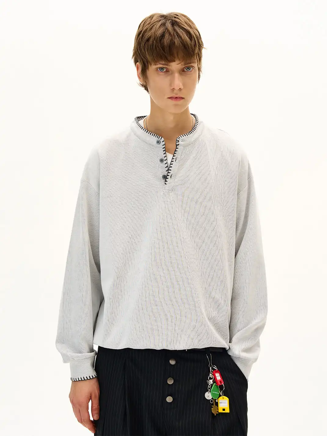 MADWITCH | Hand Stitched Henley Neck Knitted Sweatshirt