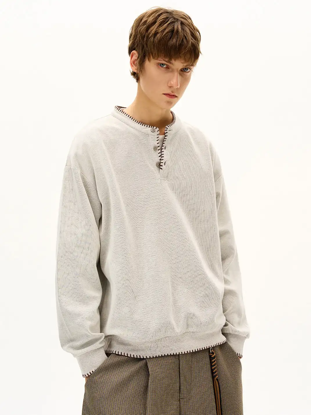 MADWITCH | Hand Stitched Henley Neck Knitted Sweatshirt
