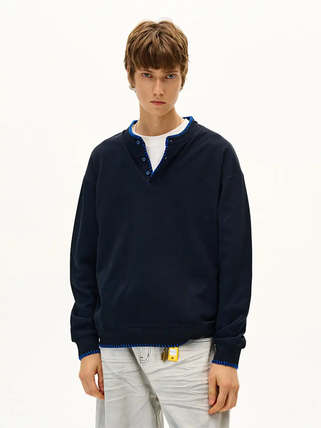 MADWITCH | Hand Stitched Henley Neck Knitted Sweatshirt