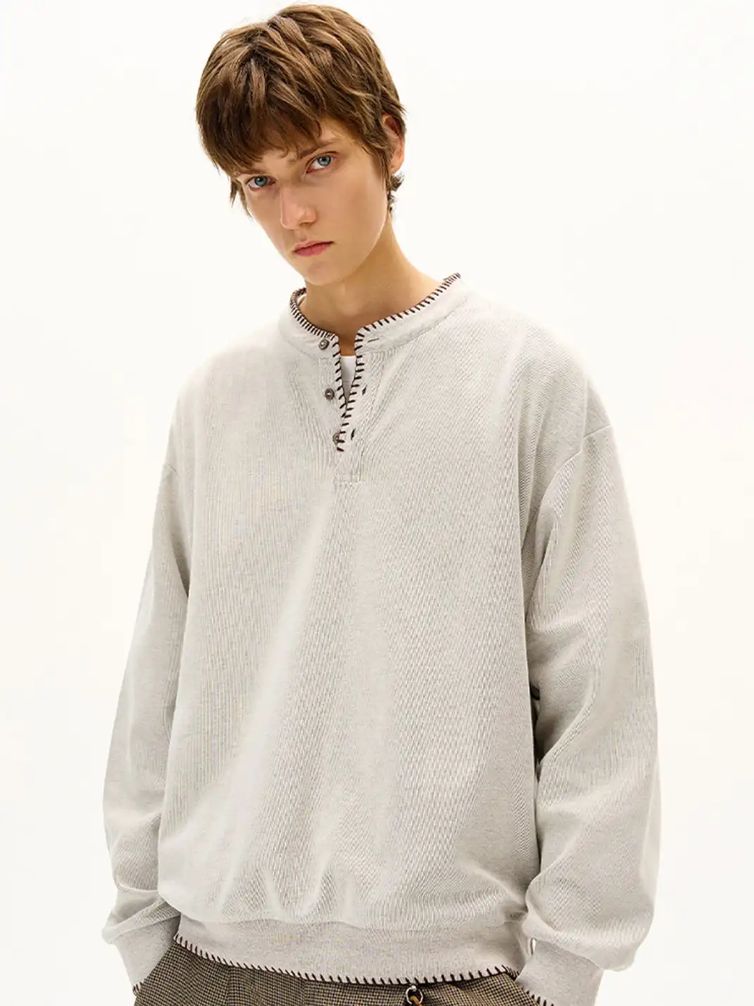 MADWITCH | Hand Stitched Henley Neck Knitted Sweatshirt