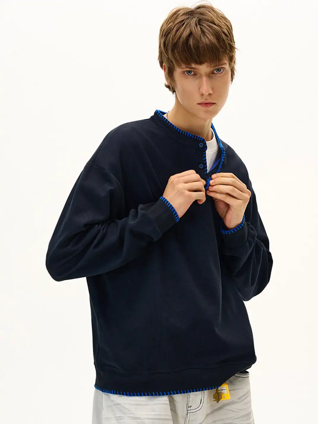 MADWITCH | Hand Stitched Henley Neck Knitted Sweatshirt