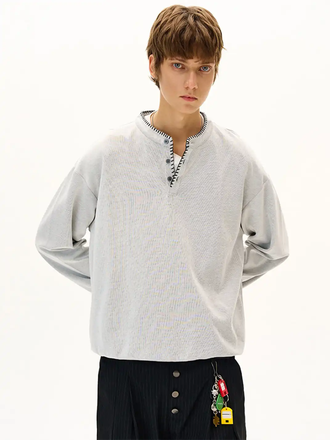 MADWITCH | Hand Stitched Henley Neck Knitted Sweatshirt