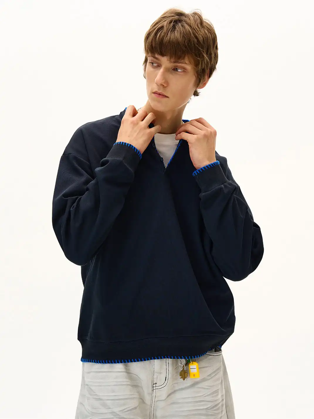 MADWITCH | Hand Stitched Henley Neck Knitted Sweatshirt