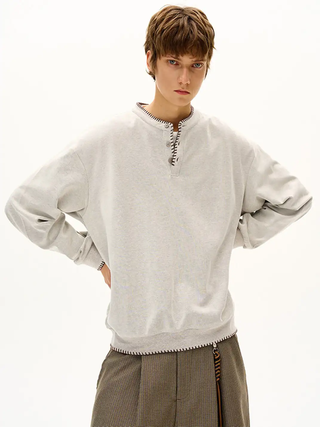 MADWITCH | Hand Stitched Henley Neck Knitted Sweatshirt