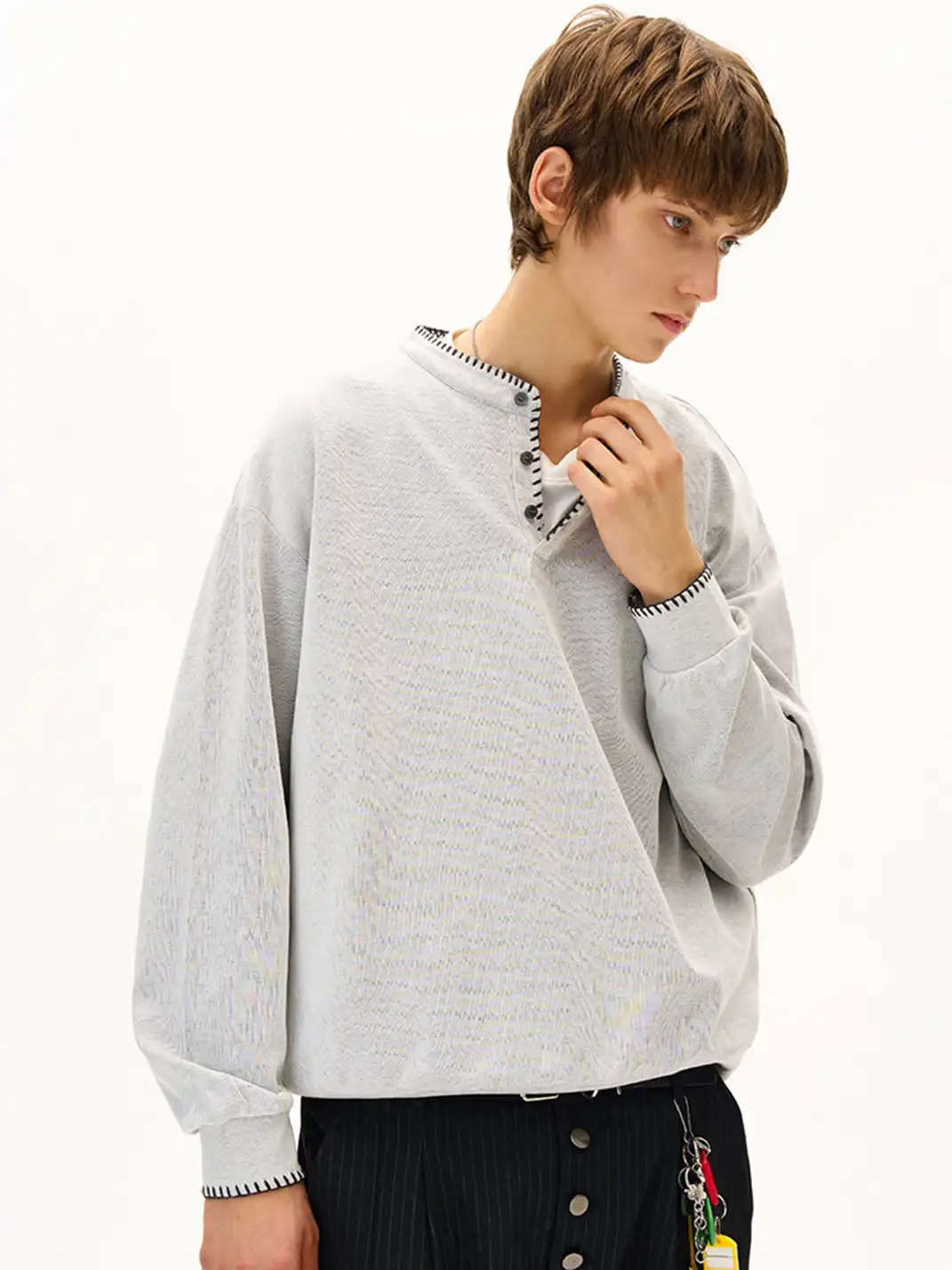 MADWITCH | Hand Stitched Henley Neck Knitted Sweatshirt