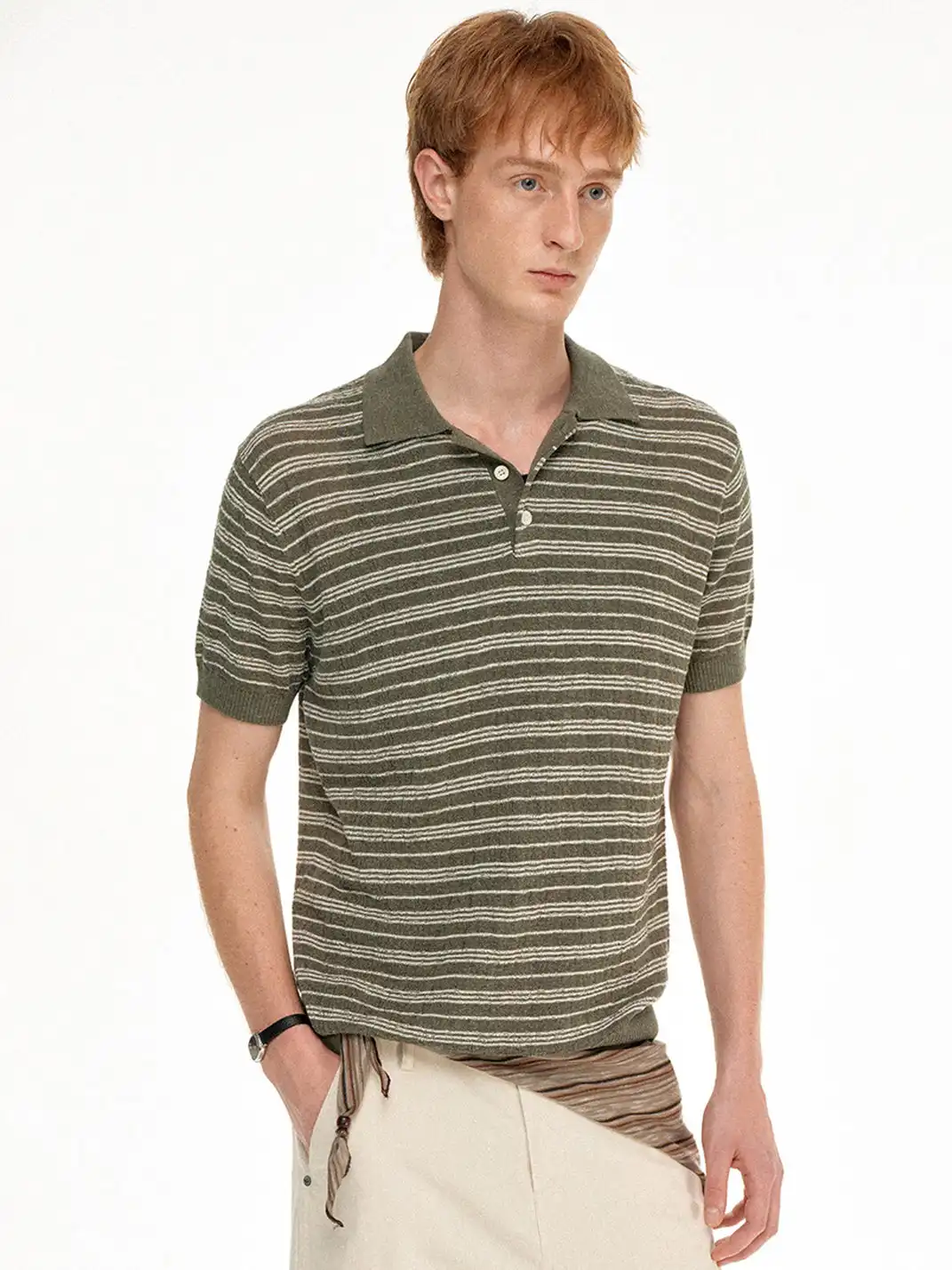 MADWITCH | Linen Striped Polo T-Shirt