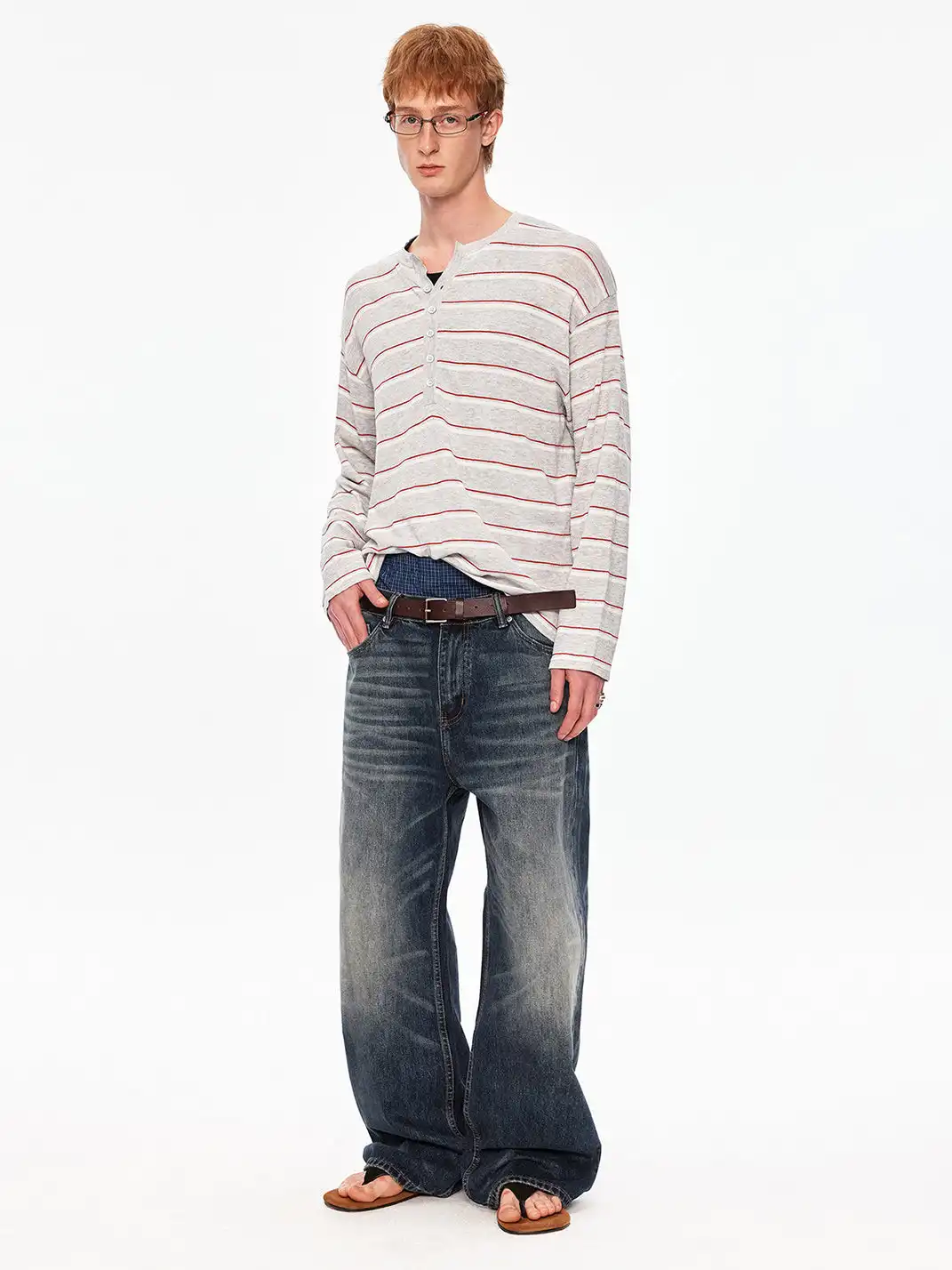 MADWITCH | Linen Blend Contrast Striped Knit T-Shirt